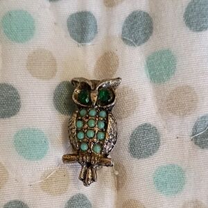 Vintage Owl Brooch with Green Accents